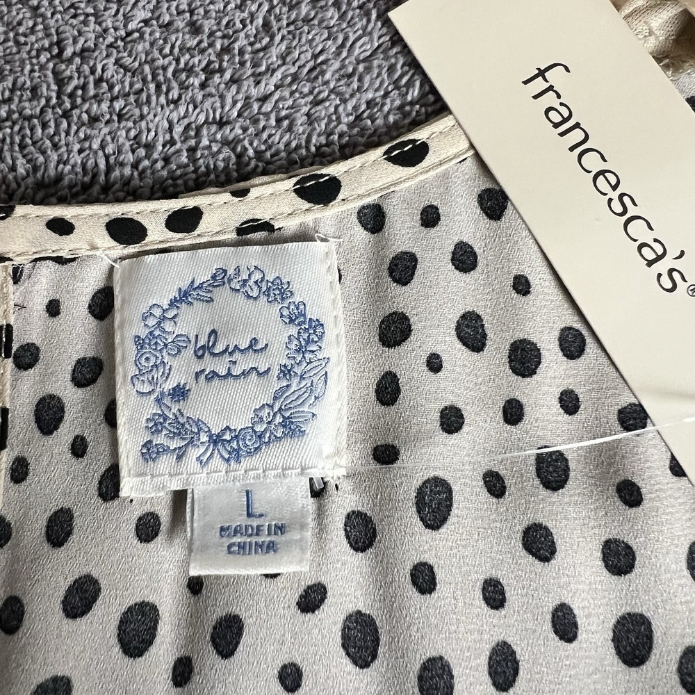FRANCESCA'S Blue Rain Dane Spotted Front Tie Mini Godet Hemline Size Large NWT - Picture 11 of 16